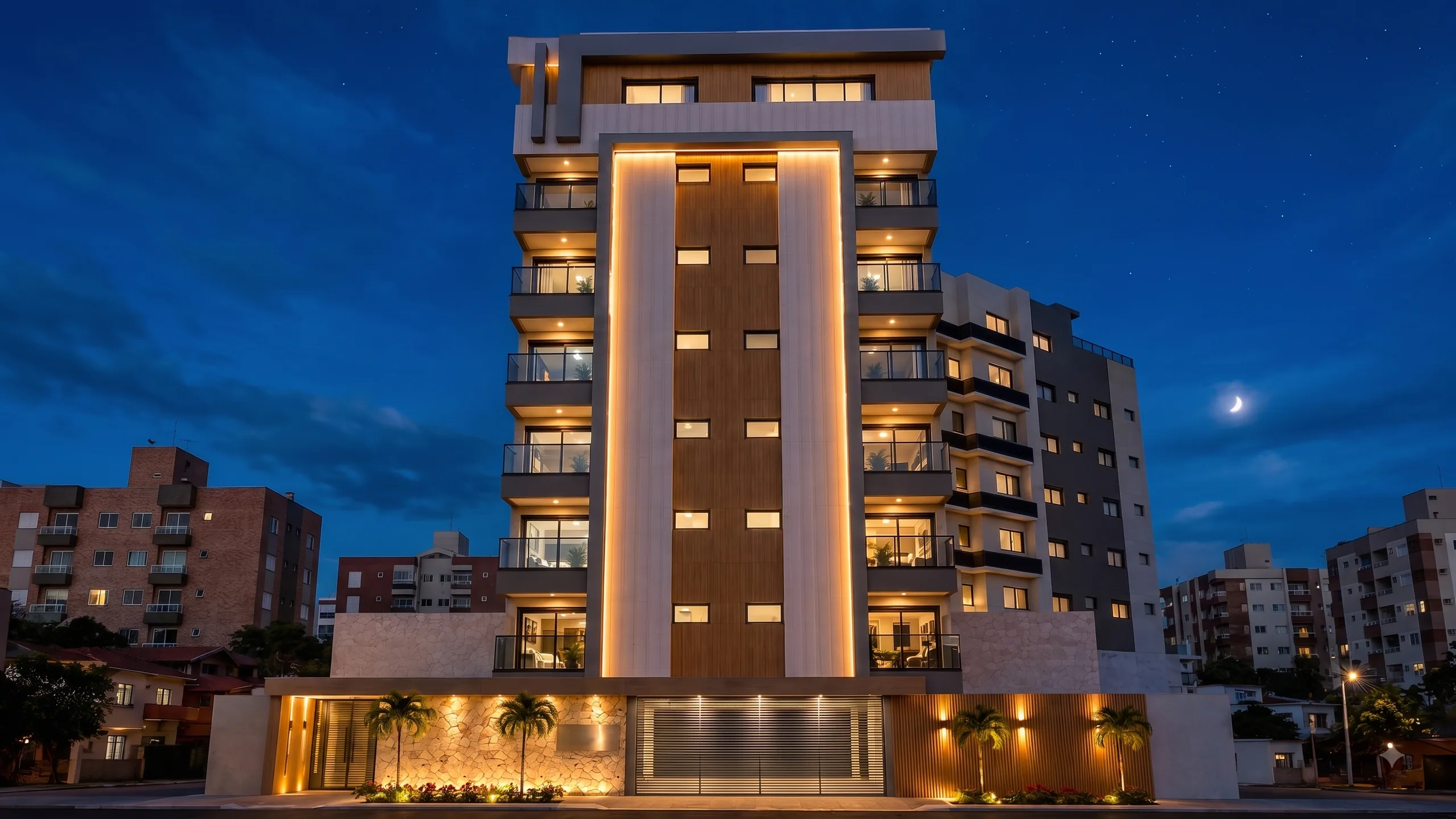 Fachada do Residencial Independência à noite