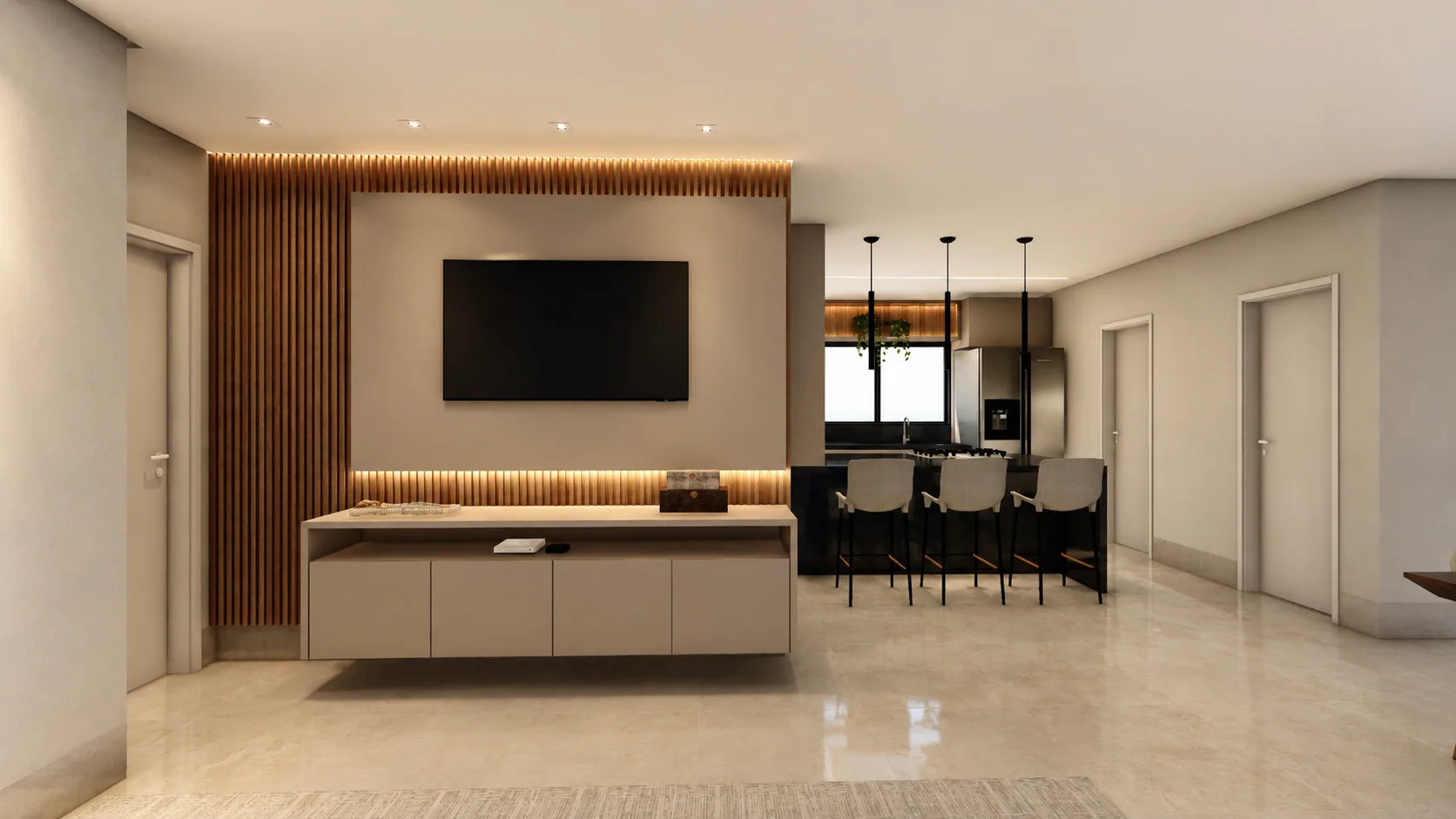 Sala de estar integrada, com varanda e iluminação natural